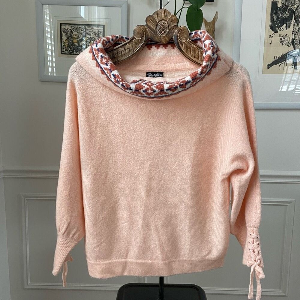 Wrangler Retro Cowl Neck Sweater Blanket Print Trim Peach Pink S